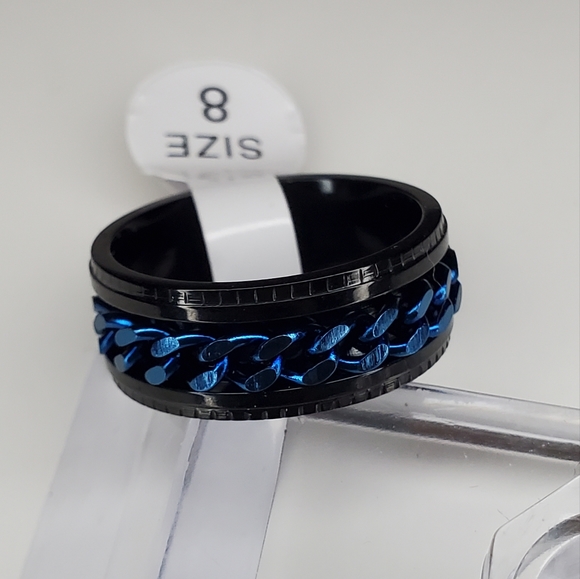 Titanium Black with Chain Links Blue  Size 8 Ring Unisex - Picture 1 of 4